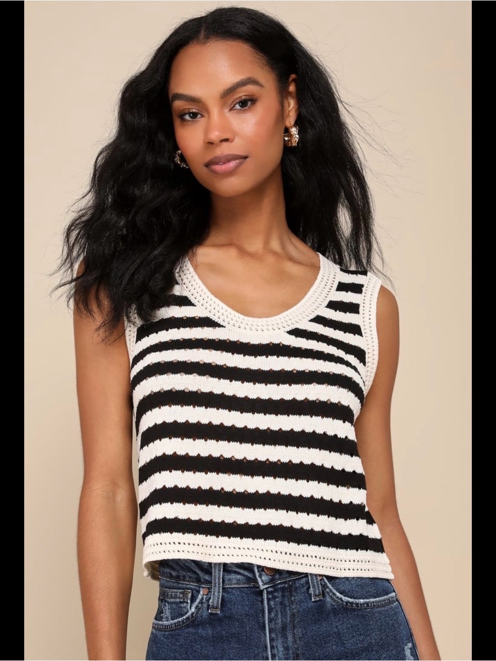 Breezy Perspective Beige and Black Striped Crochet Tank Top